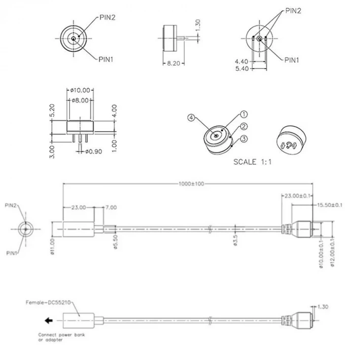 2-Pin 10mm Kablolu Pogo Pin Manyetik Konnektör Takımı - DC Soketli