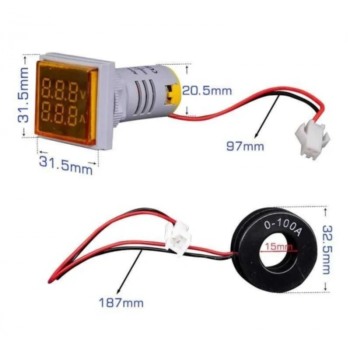 22mm Dijital Voltmetre-Ampermetre AC 20-500V 0-100A Kırmızı