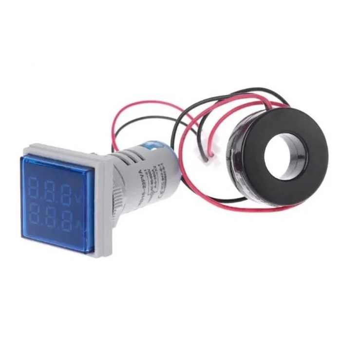 22mm Dijital Voltmetre-Ampermetre AC 20-500V 0-100A Mavi