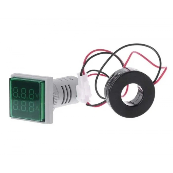 22mm Dijital Voltmetre-Ampermetre AC 20-500V 0-100A Yeşil