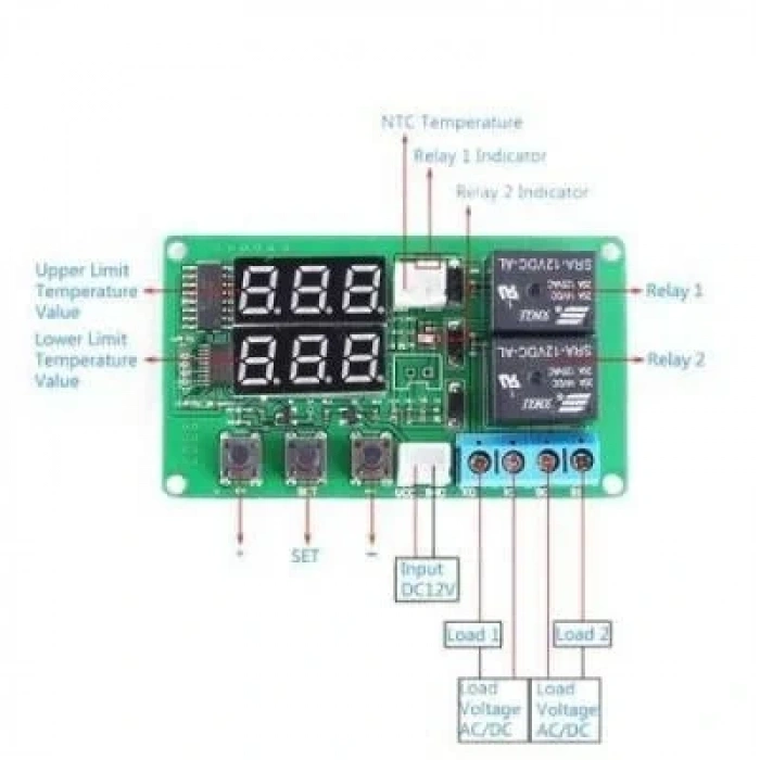 24V 2 Kanal Röle Çıkışlı Dijital Termostat - Kırmızı/Yeşil