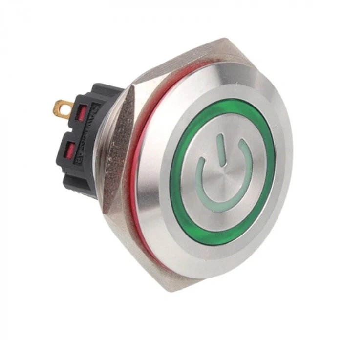 28B-P1Z-EC 28mm Düz Anahtarlı Işıklı Power Metal Buton - Yeşil