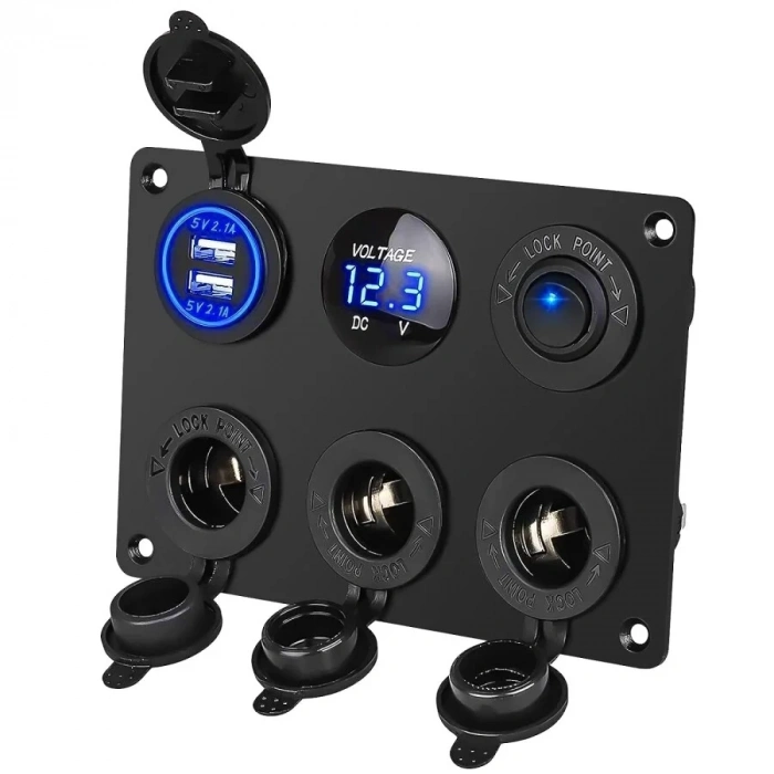 3lü Dişi Çakmaklık Soketi 2x5V USB Voltaj Göstergeli ve Mavi Nokta Işıklı Anahtar Switch Panel