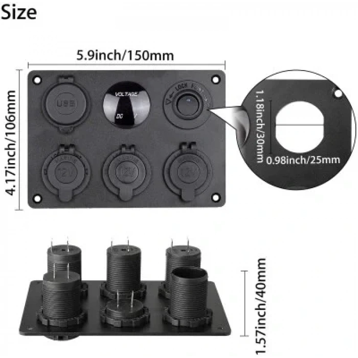 3lü Dişi Çakmaklık Soketi 2x5V USB Voltaj Göstergeli ve Mavi Nokta Işıklı Anahtar Switch Panel
