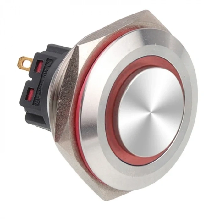 30B-G1-E 30mm Çıkık Yaylı Işıklı Metal Buton - Kırmızı