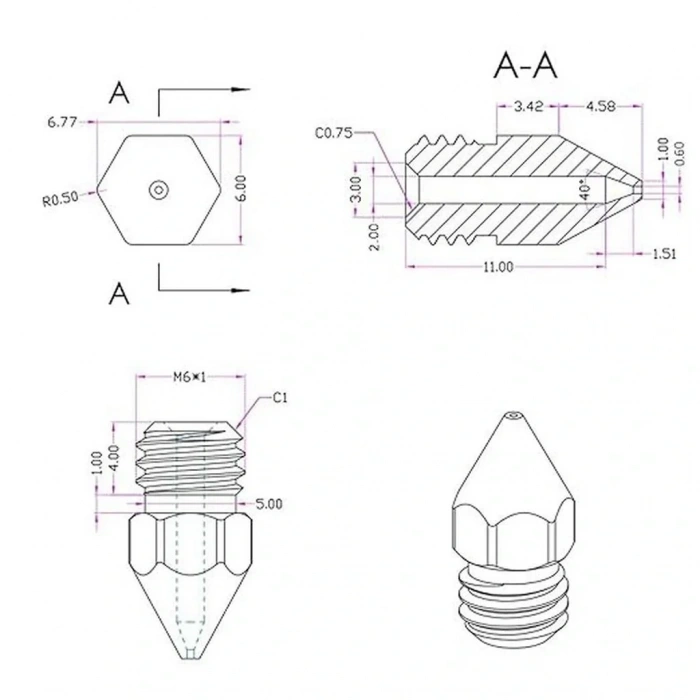 3D Yazıcı-Printer MK8 0.6mm Pirinç Nozzle