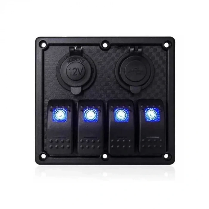 4lü ON-OFF Işıklı Anahtar Switch Panel 2x5V USB ve Çakmaklık Çıkışlı