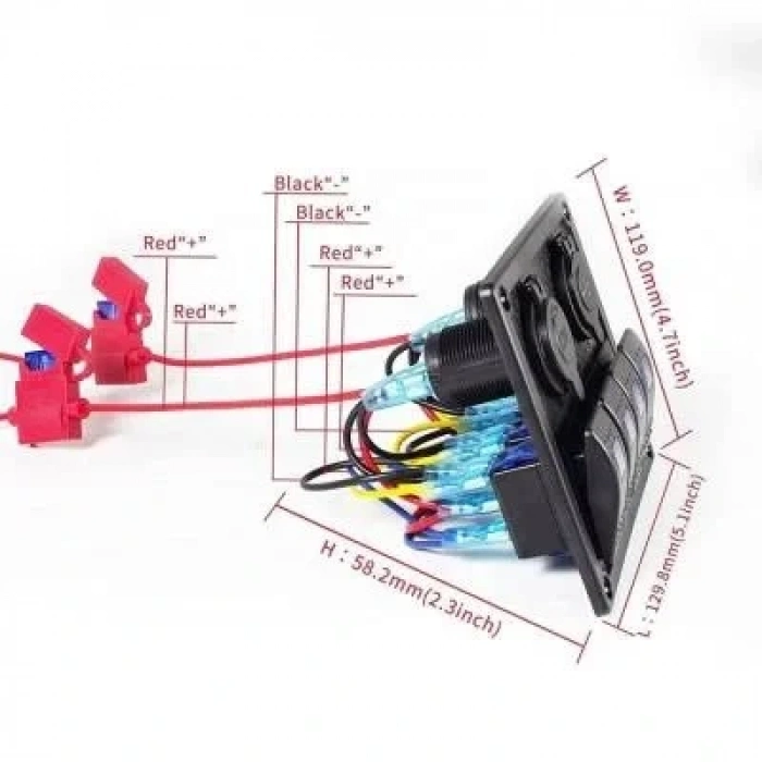 4lü ON-OFF Işıklı Anahtar Switch Panel 2x5V USB ve Çakmaklık Çıkışlı