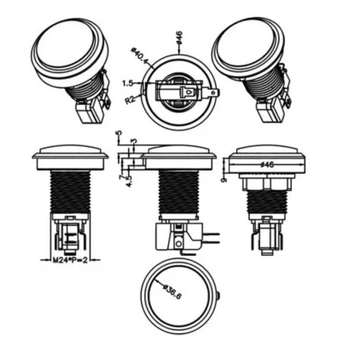 46mm 12V Düz Işıklı Oyun Makinesi Butonu - Beyaz