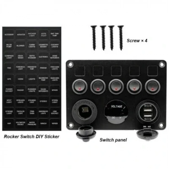 5li ON-OFF Kırmızı Nokta Işıklı Anahtar Switch Panel 2x5V USB Çakmaklık ve Voltaj Göstergeli