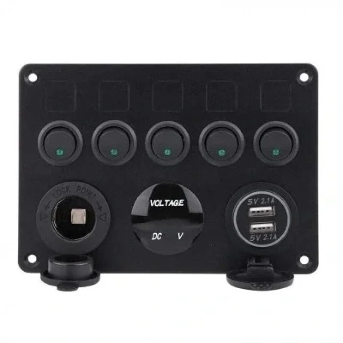 5li ON-OFF Yeşil Nokta Işıklı Anahtar Switch Panel 2x5V USB Çakmaklık ve Voltaj Göstergeli