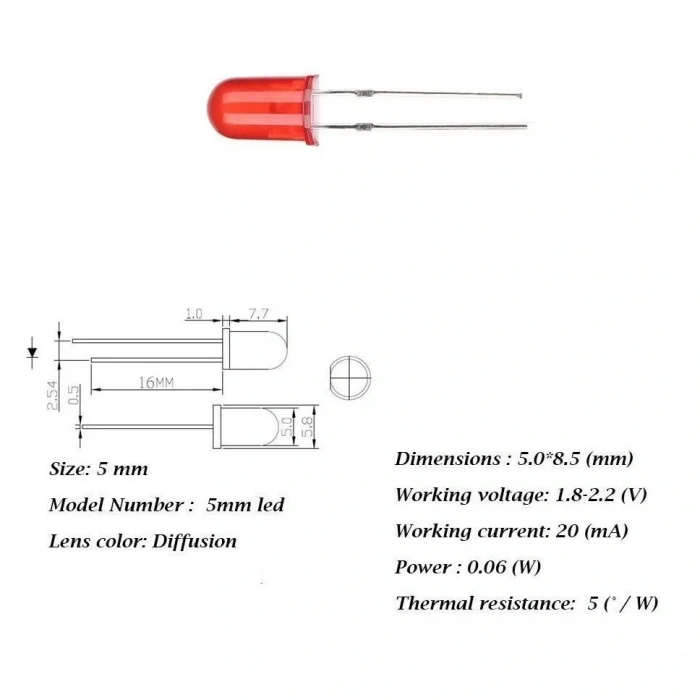 5mm Led Kırmızı Diyot Diffused 1 Adet