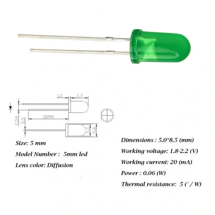 5mm Led Yeşil Diyot Diffused 1 Adet