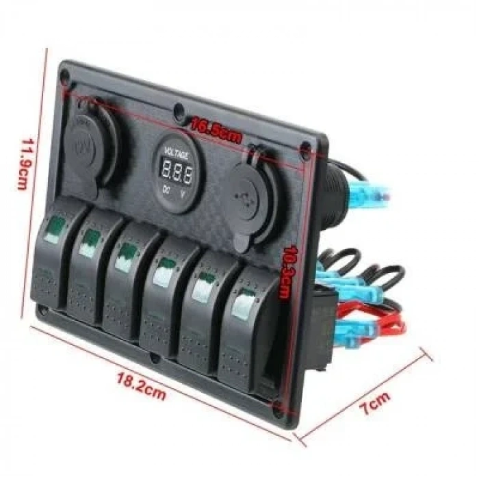 6lı ON-OFF Işıklı Anahtar Switch Panel 2x5V USB Çakmaklık ve Voltaj Göstergeli