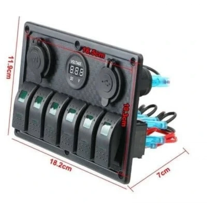 6lı ON-OFF Kırmızı Işıklı Anahtar Switch Panel 2x5V USB Çakmaklık ve Voltaj Göstergeli
