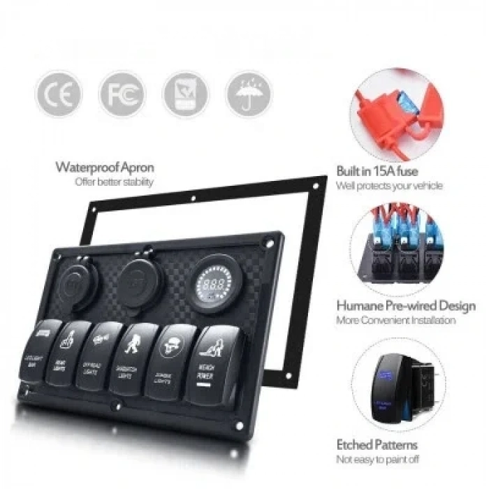 6lı ON-OFF Mavi Işıklı Anahtar Switch Panel 2x5V USB Çakmaklık ve Voltaj Göstergeli