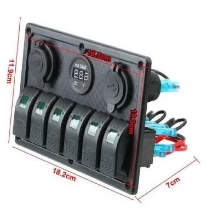 6lı ON-OFF Yeşil Işıklı Anahtar Switch Panel 2x5V USB Çakmaklık ve Voltaj Göstergeli
