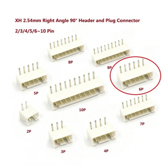6 Pin JST-XH 2.54 Tunik Konnektör Erkek Eğik 90°