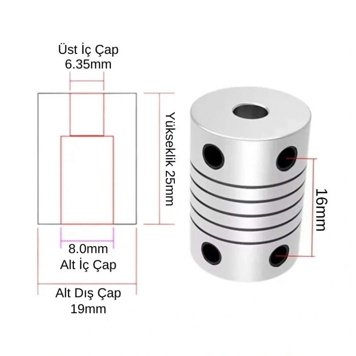 6.35x8mm Esnek Kaplin Alüminyum 3D Yazıcı CNC Uyumlu