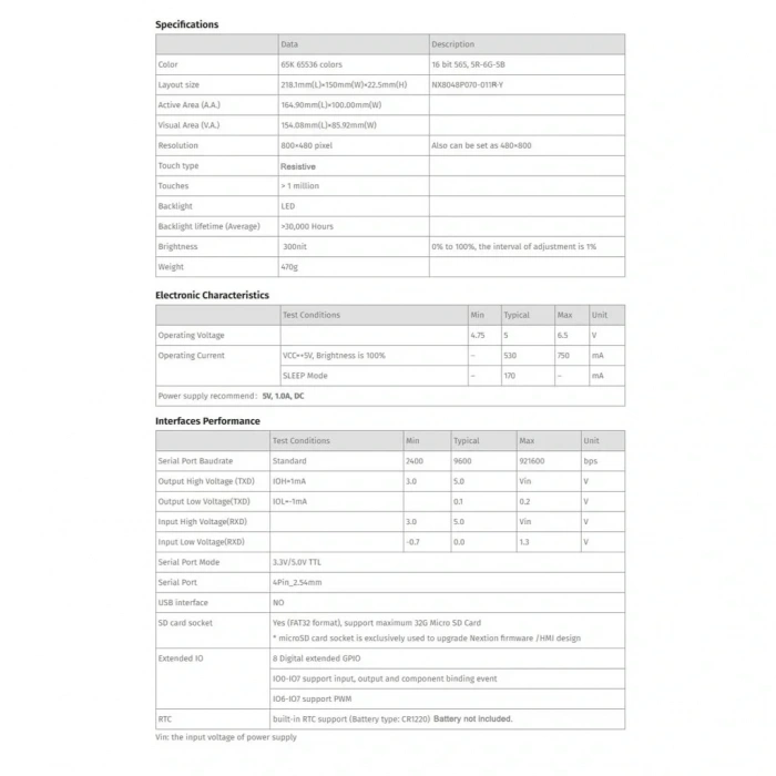 7.0 Inch Nextion R-Rezistif Ekran NX8048P070-011R-Y