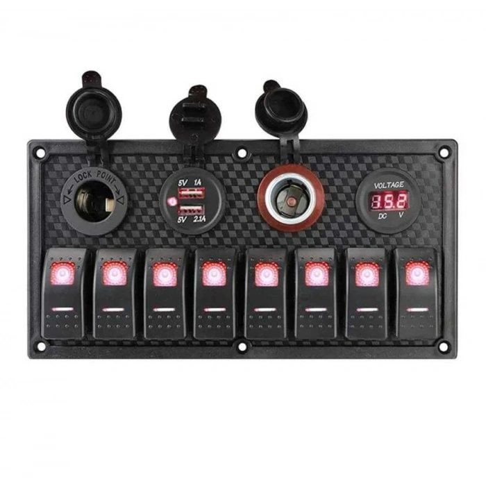 8li ON-OFF Kırmızı Işıklı Anahtar Panel 2x5V USB 2xÇakmaklık ve Voltaj Göstergeli