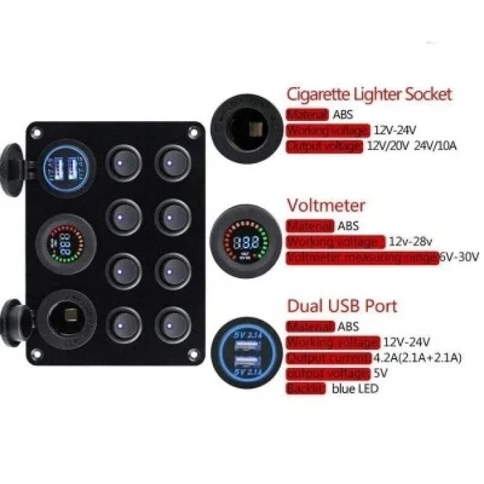 8li ON-OFF Mavi Nokta Işıklı Anahtar Switch Panel 2x5V USB Çakmaklık ve Voltaj Göstergeli