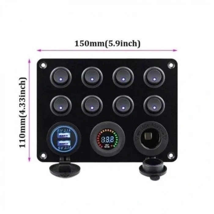 8li ON-OFF Mavi Nokta Işıklı Anahtar Switch Panel 2x5V USB Çakmaklık ve Voltaj Göstergeli