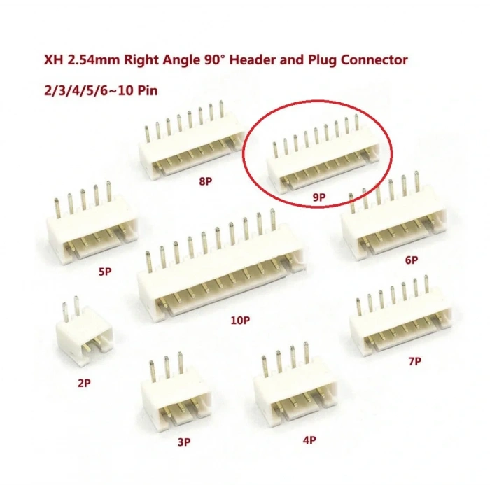 9 Pin JST-XH 2.54 Tunik Konnektör Erkek Eğik 90°