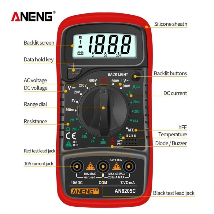 Aneng AN8205C Dijital Multimetre (Kırmızı)