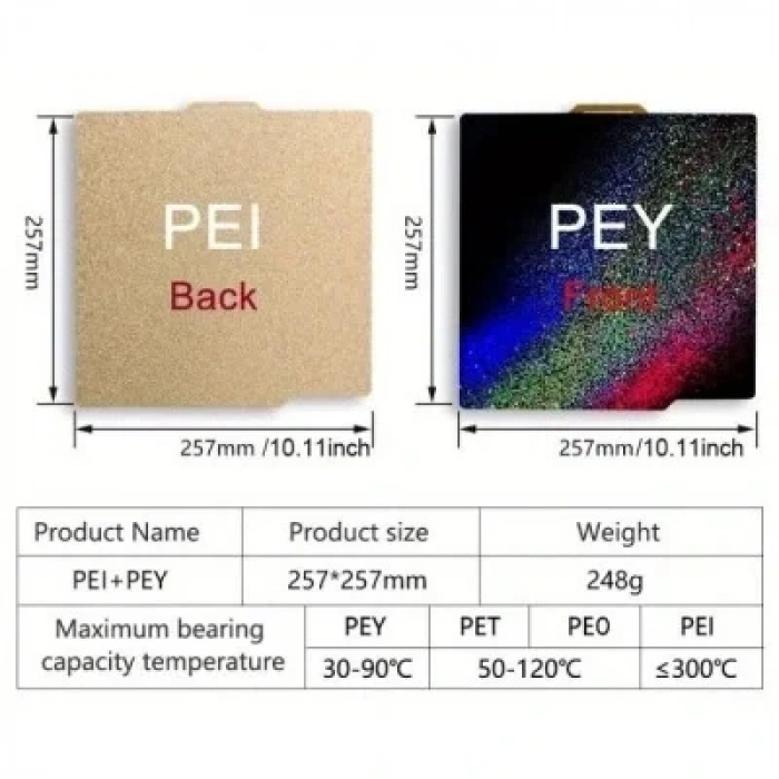 Bambu Lab X1-P1P-P1S PEI+PEY Kaplı Yay Çeliği Manyetik Tabla - 257x257mm