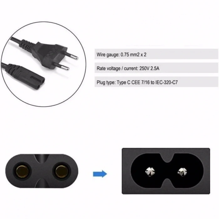C7 2 Pin Teyp Yazıcı Power Fişi Güç Kablosu 1.5m