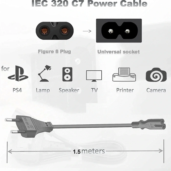C7 2 Pin Teyp Yazıcı Power Fişi Güç Kablosu 1.5m