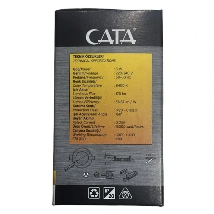 Cata CT-5144 3W 6400K Slim Panel Led Spot Beyaz Işık