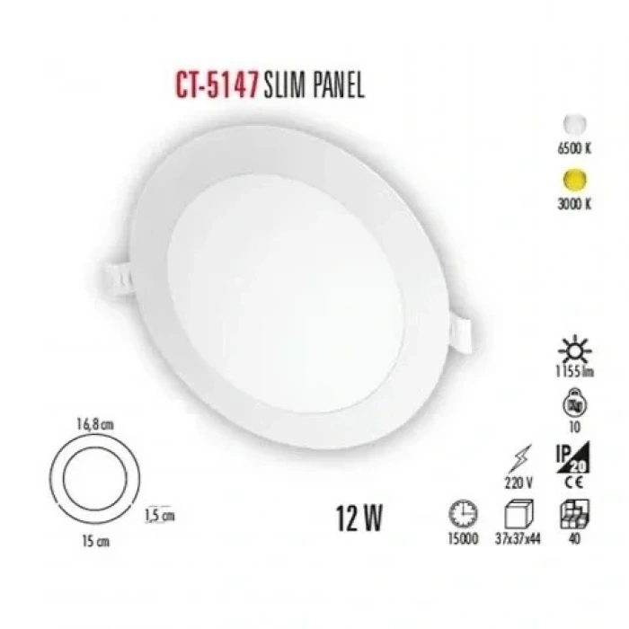 Cata CT-5147 12W 6400K Slim Panel Led Spot Beyaz Işık