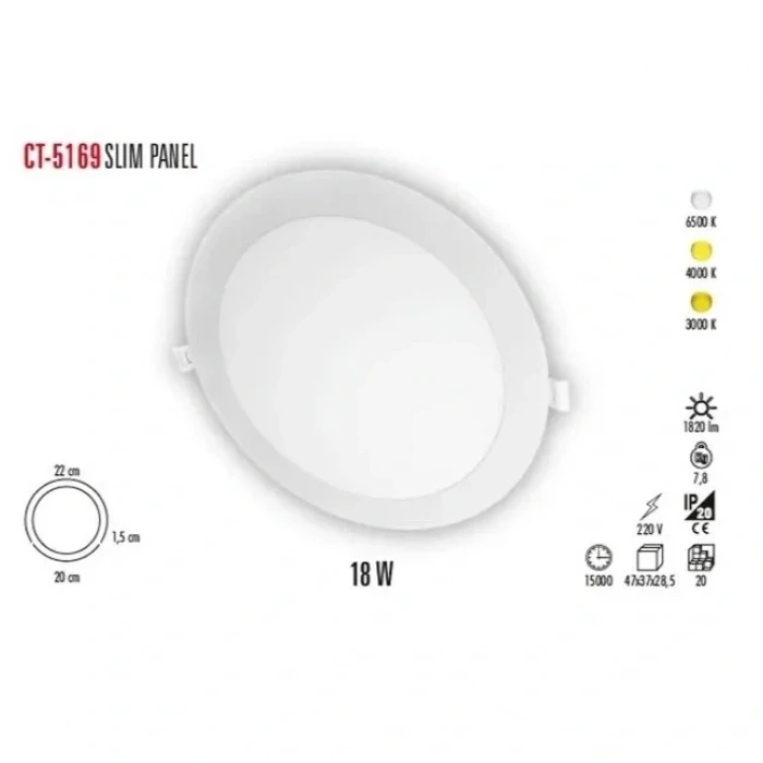 Cata CT-5169 18W 6400K Slim Panel Led Spot Beyaz Işık