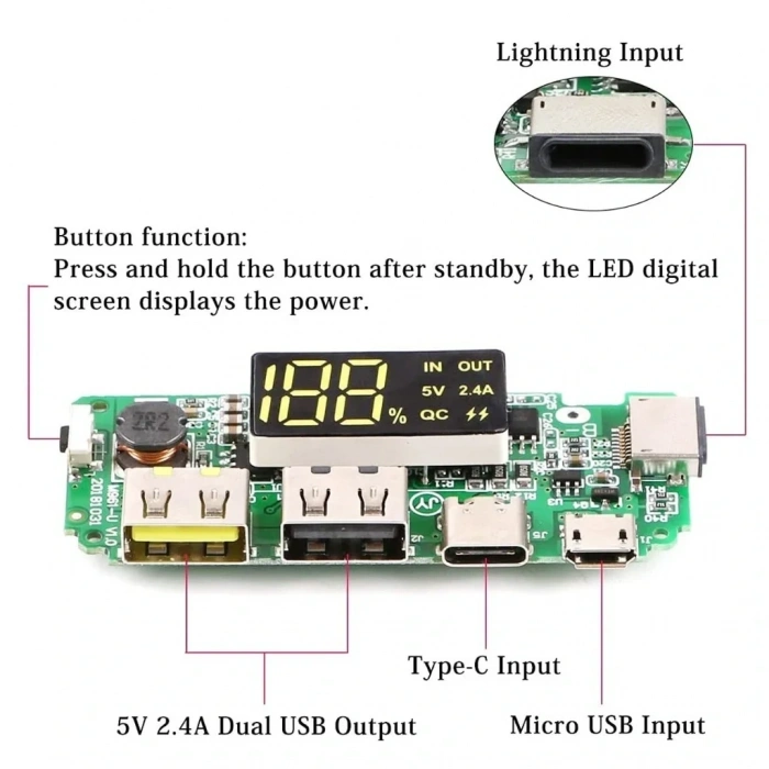 Çift USB 5V 2.4A Ledli Micro Type-C Powerbank Modülü
