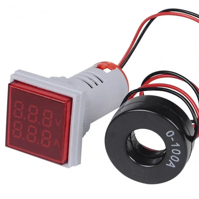 Dijital Voltmetre Ampermetre 20-500VAC 0-100A Kare Kırmızı