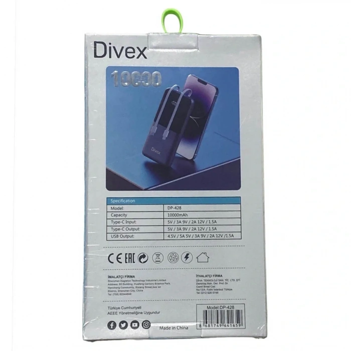 Divex 10000 mAh Powerbank 22.5W 2 Kablo Çıkışlı DP-428