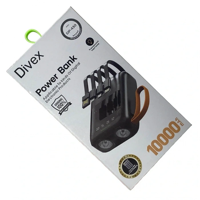 Divex 10000 mAh Powerbank 4 Farklı Kablo Çıkışlı Led Fenerli DP-430