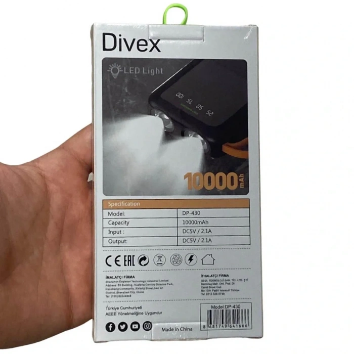 Divex 10000 mAh Powerbank 4 Farklı Kablo Çıkışlı Led Fenerli DP-430