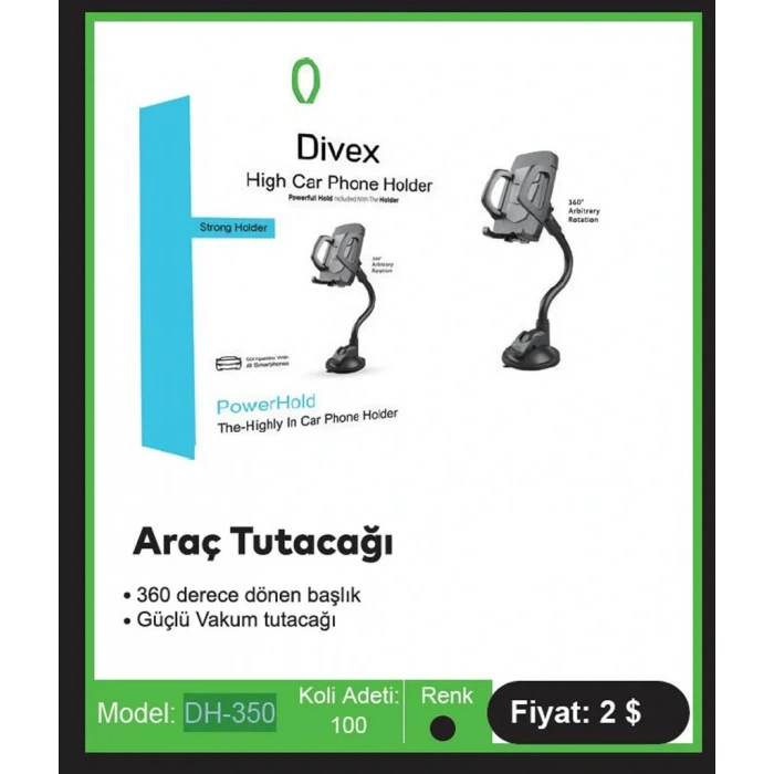 Divex 360 Derece Dönebilen Araç İçi Telefon Tutacağı DH-350