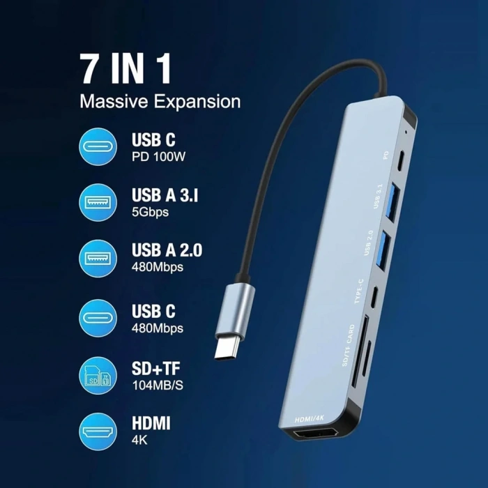Divex 7 in 1 Type-C Girişli 7 Farklı Çıkışlı USB Çoklayıcı Splitter DX-06