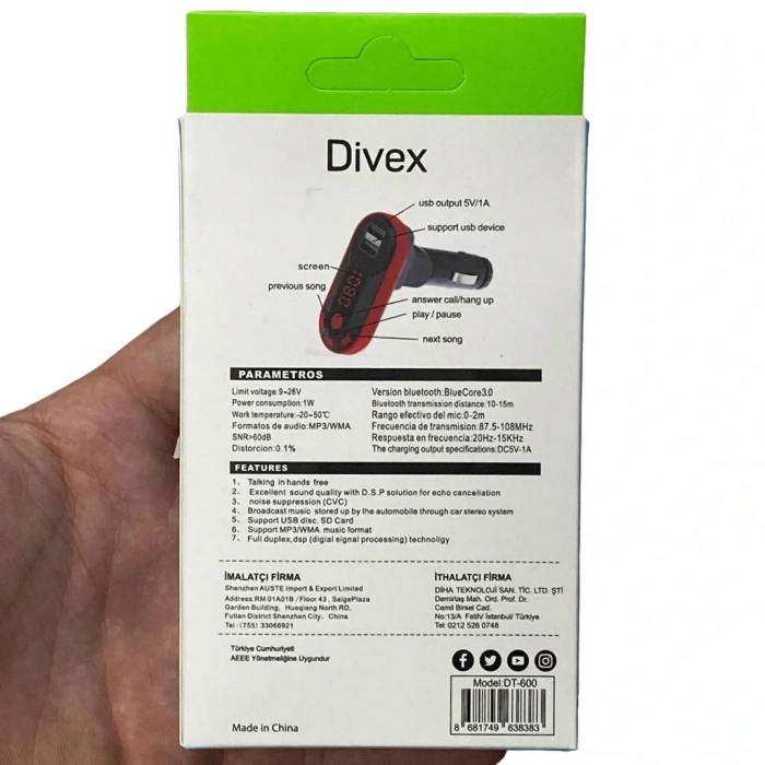 Divex Kumandalı Çakmaklık Girişli Araç Fm Transmitter Bluetooth 2xUSB - SD Kart Kırmızı DT-600