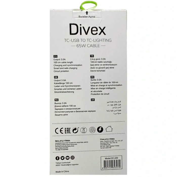 Divex TC-USB to TC-Lightning 65W/PD27W Şarj ve Veri Aktarım Kablosu DC-220