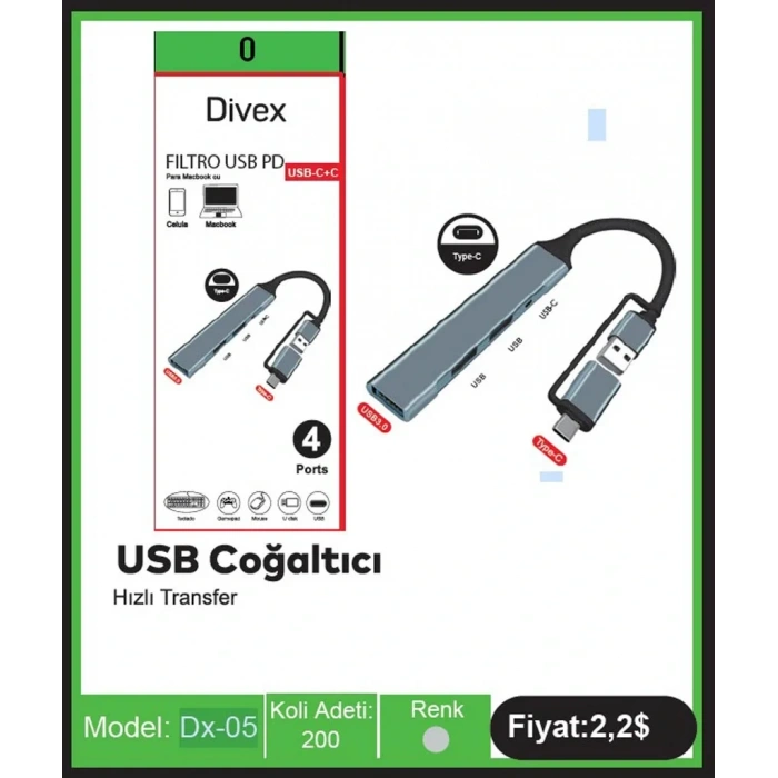 Divex Type-C + USB Girişli 4 Port USB Çoklayıcı USB+Type-C Splitter DX-05