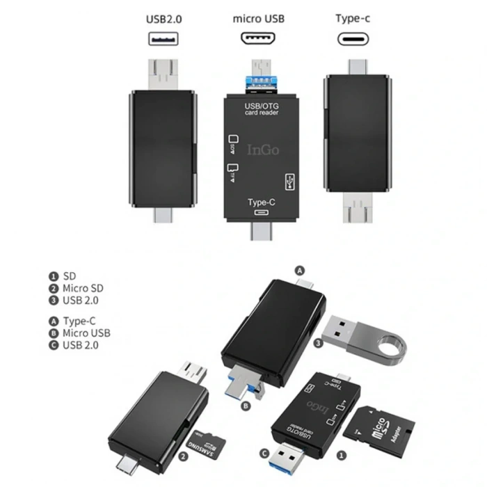 Divex USB3.0 - Type-C - Micro USB Girişli SD-Micro-SD Kart Okuyucu OTG Card Reader
