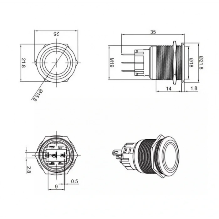 E1 19mm Metal Buton Kalıcılı 12-24V Kırmızı Led Işıklı 1NO/1NC