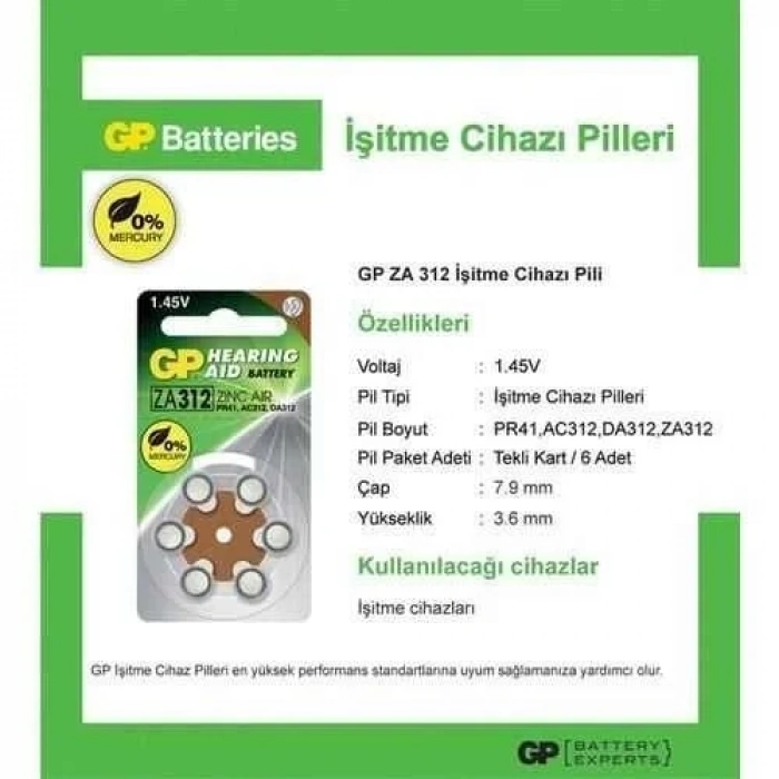 GP 6lı 1.4 V İşitme Cihazı Kulaklık Pili - GPZA312