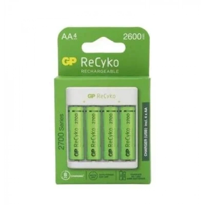 GP ReCyko+ 4lü 2600mAh AA Şarj Edilebilir Pil + USB Pil Şarj Cihazı