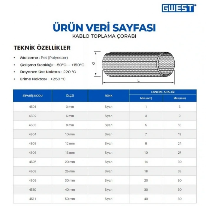 Gwest 40 mm Kablo Toplama Çorabı 50 Metre Rulo